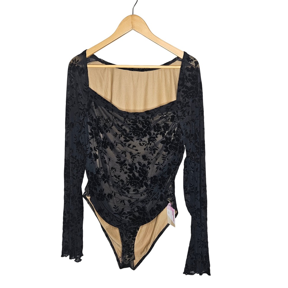 Black Flocked‎ Mesh Bodysuit Plus 3X Floral Sheer Gothic Coquette Balletcore NWT